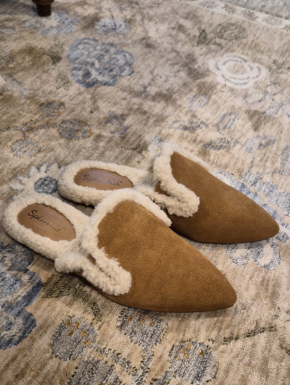 Splendid Camel Suede Shearling-Trim Slip-On Mules